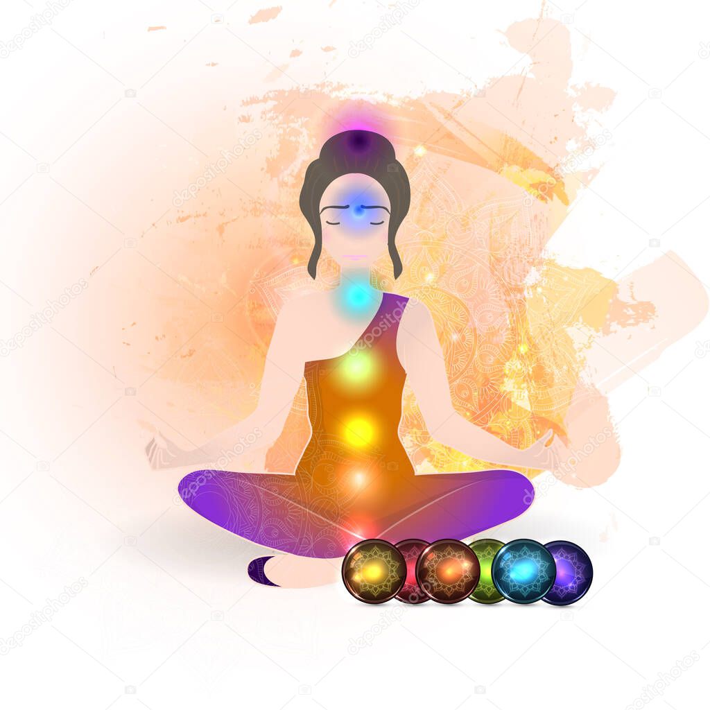 Vector illustration concept Aura and chakra, meditation.