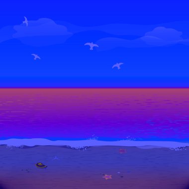 Vektör çizimi Summer Beach. Kum ve Okyanus. Bulutlu Mavi Gökyüzü. Plaj Parti Pankartı için Yaz Tasarımı.