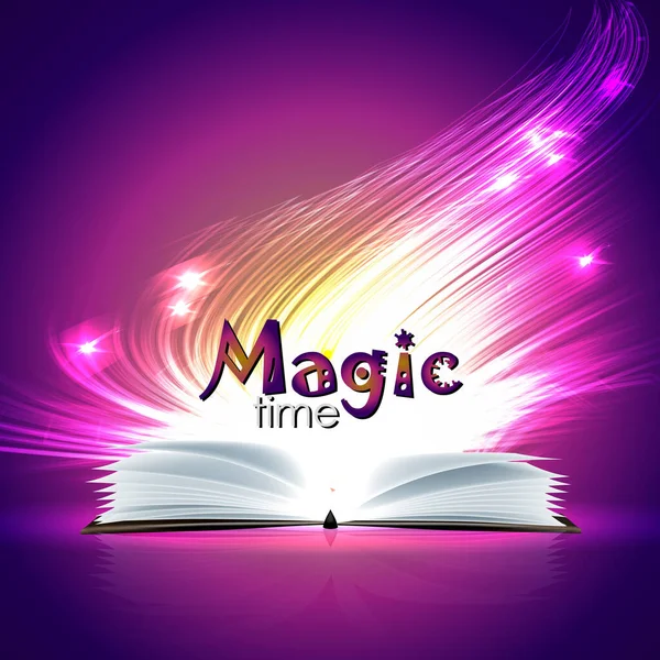 Libro Magico Aperto Bacchetta Con Luci Brillanti — Vettoriale Stock