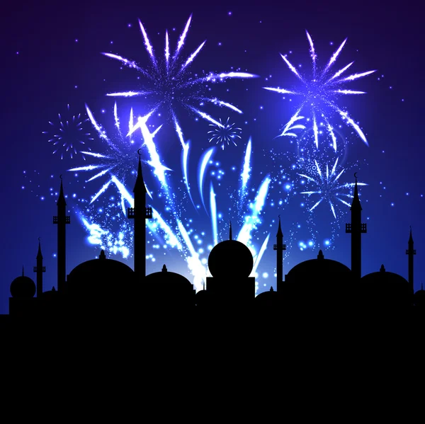 Silhouette mosquée sur feux d'artifice — Image vectorielle