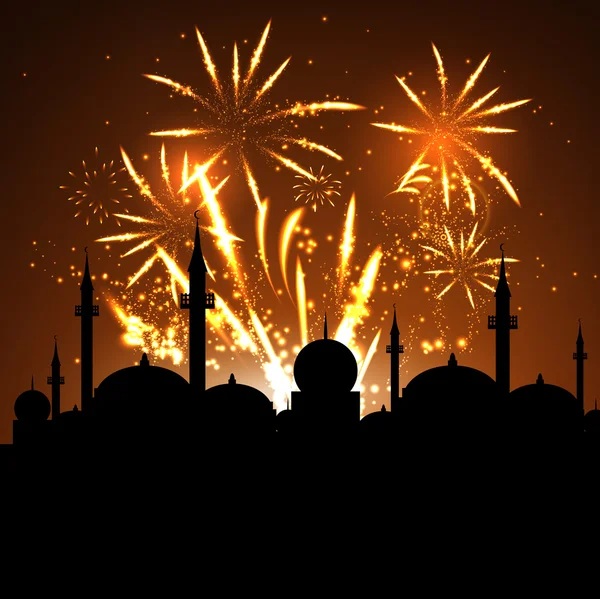 Silhouette della moschea sui fuochi d'artificio — Vettoriale Stock