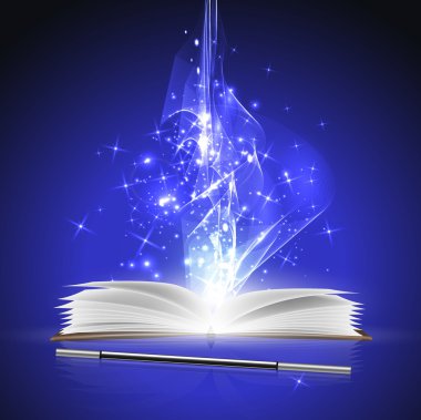 Açık sihirli kitap ve değnek