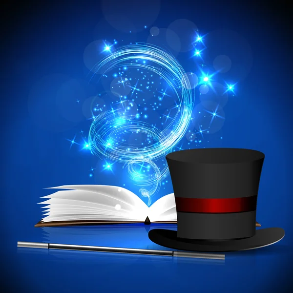 Açık sihirli kitap, şapka ve değnek