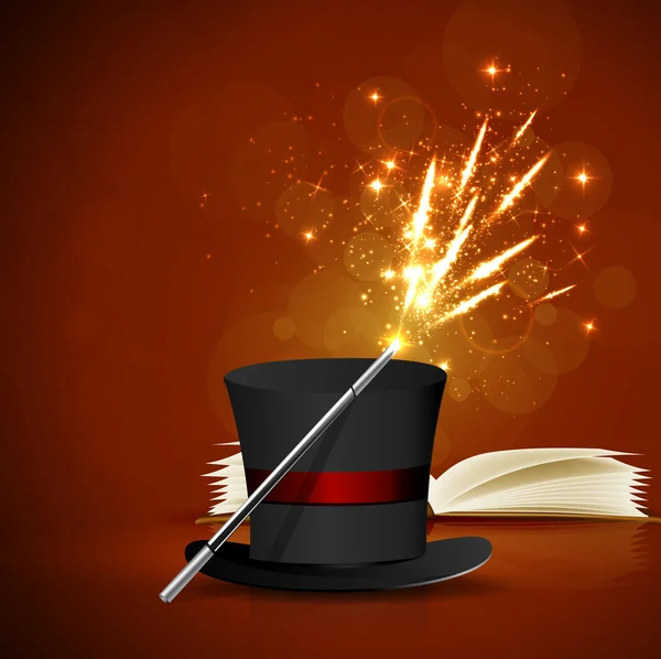 Otwarta Księga magii, kapelusz i różdżka — Wektor stockowy