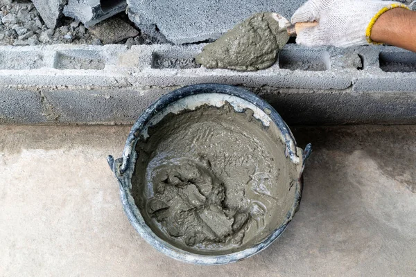 Ready-mixed cement in the bucket is ready for masonry.