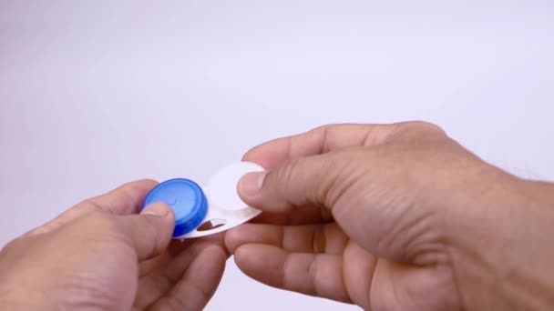 Man Fingers Open Boxes Contact Lenses Close Video — Stock Video