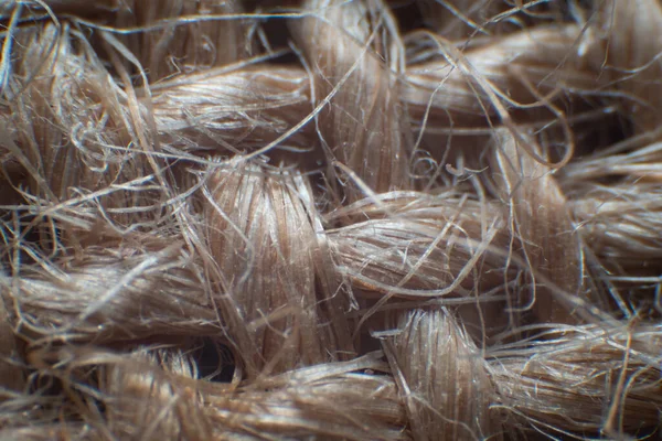 Close-up of hemp, brown fibers with gaps between fibers, high magnification, super macro.
