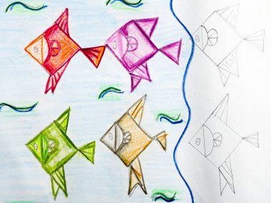 Kalem ve boya kalemleriyle boyanmış 9 yaşındaki bir çocuğun çizimleri. Beyaz kağıda renkli bir balık çiz..