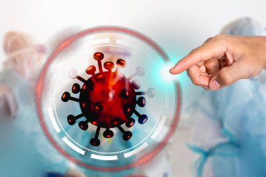 Sağ el işaret parmağı, korona virüsü zırhını işaret etti ve yok oldu. Hastane operasyonlarının geçmişi bulanıktır. Konsept birlikte çalışarak koronavirüsü yok etmektir..