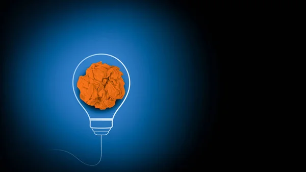 Creative thinking ideas and innovation concept. Paper scrap ball orange colour with light bulb symbol on blue light background