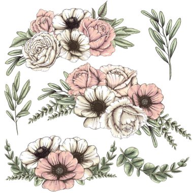 Güzel beyaz ve pembe düğün çiçekleri, güller ve gelincikler