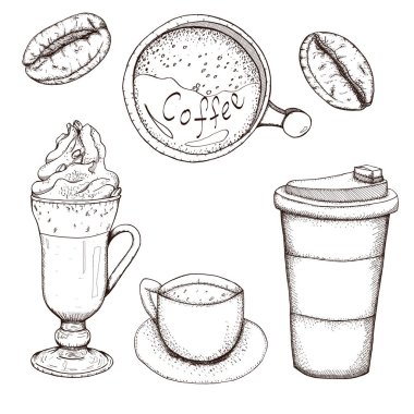 Kahve fincanı, kahve fincanı, paket kahve, kahve çekirdekleri.