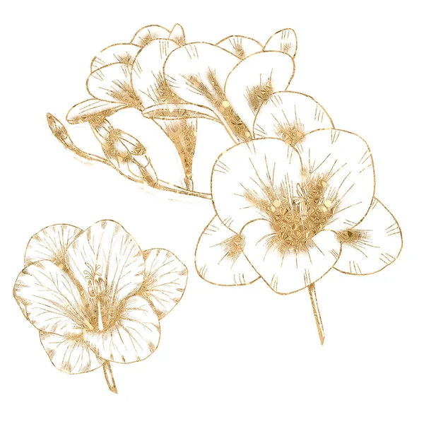 Gold Line Freesia Flowers Wedding Stationery Design Elements Summer Botanica — Stock Photo, Image
