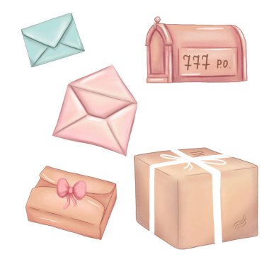 Mutlu posta illüstrasyonu, posta kutusu, mektuplar, paketler, postane