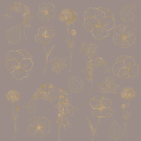 Złote Kwiaty Papier Cyfrowy Tło Kwiatów Letnich Druk Cyfrowy — Zdjęcie stockowe