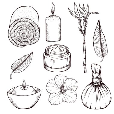 Hoş bir spa günü, rahatlatıcı, sağlık elementleri, bambu, amber, krem, mum, masaj çantası, havlu tasarımı elementleri.