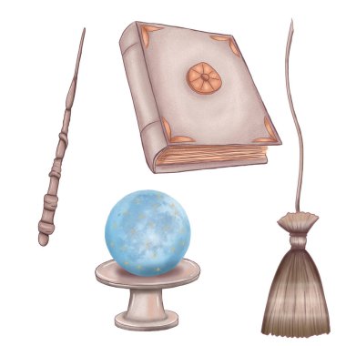 Sihirli eşyalar, büyü kitabı, süpürge sopası, sihirli değnek, kristal küre, sihirli top, with c ve büyücü malzemeleri.