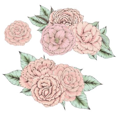 Eski tarz buketler, eski püskü çiçekler, pembe çiçekler, düğün kırtasiye malzemeleri.