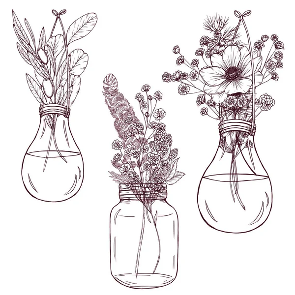Cute Wild Flowers Glass Jars Rustic Forest Weding Design Elements — Stock Photo, Image