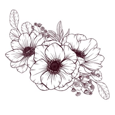 Zarif yabani çiçekler buketi, kırsal düğün çiçekleri, eski tarz çiçekler, bebek nefesi çiçekleri, okaliptüs dalları, orman duşu çiçekleri.