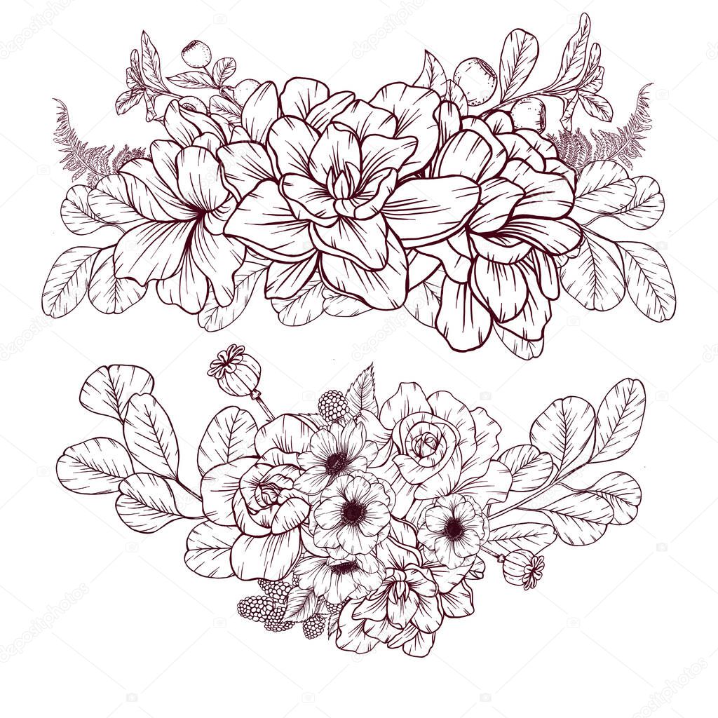 Elegant gardenia flowers with leaves sketch, delicate petals, gorgeous floral illustration, rustic garden wedding design elements