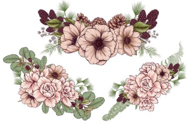 Zarif bej rengi yabani çiçekler, orman botanikleri, bej ve pembe çiçekler, gardenya, anemon, kara böğürtlen, eğrelti otu, aucalyptus yaprakları, çam kozalakları, eski tarz düğün buketleri, rustik düğün unsurları