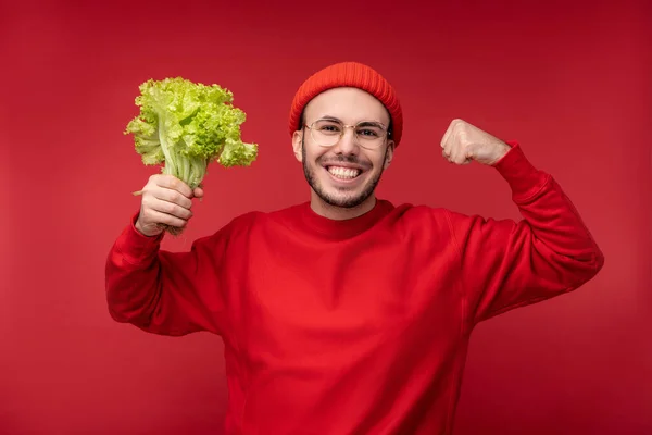 Sakallı, gözlüklü ve kırmızı elbiseli çekici bir adamın fotoğrafı. Erkek salata tutuyor, güçlü ve sebzeleri seviyor, kırmızı arka planda izole edilmiş. — Stok fotoğraf