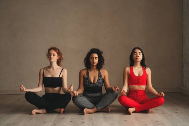 Formda kadınlar meditasyon yapıyor, sağlıklı bir hayat sürüyor. Spor salonunda birlikte çalışan güzel kadınlar. Çatı katı endüstriyel spor salonunda yoğun fitness antrenmanı