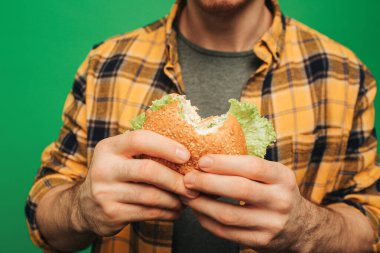 Yakın plan genç adam burger tutuyor, yeşil arka planda izole edilmiş.