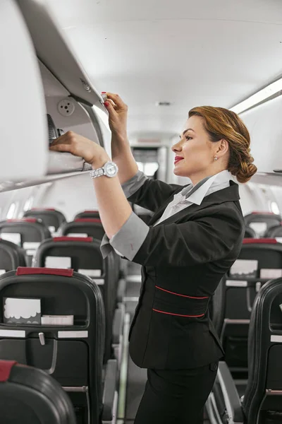 Azafata tomar el equipaje de la plataforma en el avión Fotos De Stock Sin Royalties Gratis