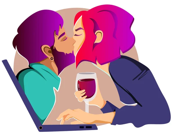 在Zoom约会，女孩在笔记本电脑上亲吻男孩 — 图库矢量图片