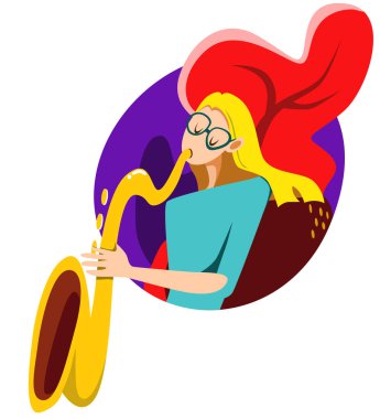 Saksafon çalan çizgi film kızı. Müzik aleti olan hoş bir kadın, mavi elbiseli ve saksafonlu bir kadın. Caz şarkıcısı performansı