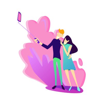 Selfie fotoğraf konsepti. Vektör düz insan çizimi. Akıllı telefon tutan adam. İki kadın ve erkek poz veriyor. Arkadaşlık ve romatik randevu. Pankart, poster, ağ için tasarım.