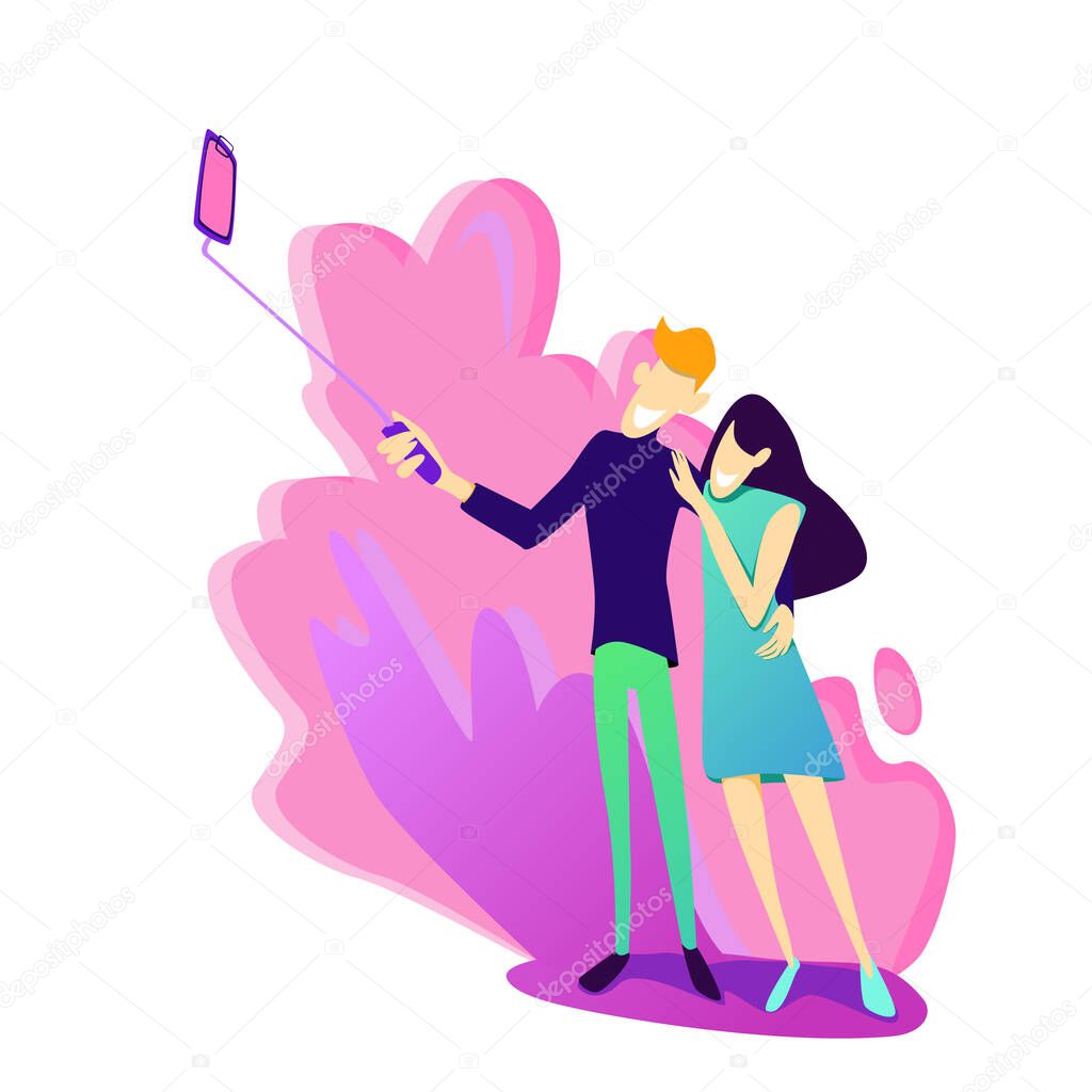 Selfie photo concept. Vector flat person illustration. Man holding smartphone. Couple of male and female posing. Friendship and romatic date. Design for banner, poster, web.