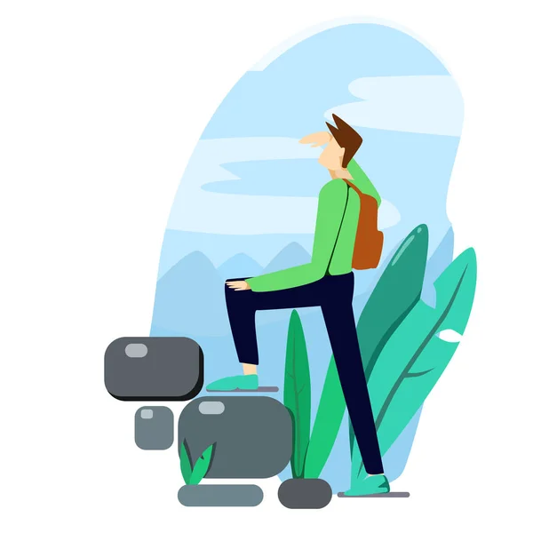 男性キャラクターは屋外の漫画ベクトルイラストを移動します ハイキング人は有機的な費用 バックパッカーの旅を研究する 石を登る男 — ストックベクタ