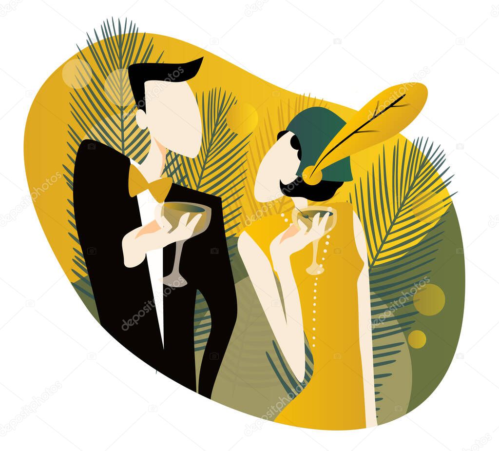 Couple at a party in the style of the early 20th century. Handmade drawing vector illustration in trend colors. Art Deco style.