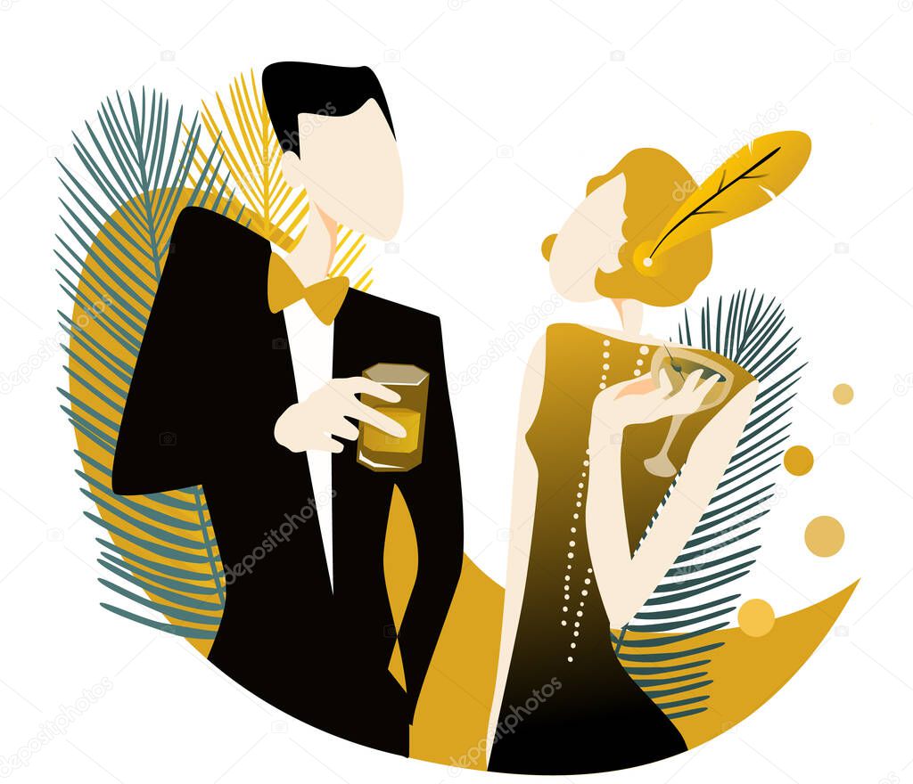 Couple at a party in the style of the early 20th century. Handmade drawing vector illustration in trend colors. Art Deco style.