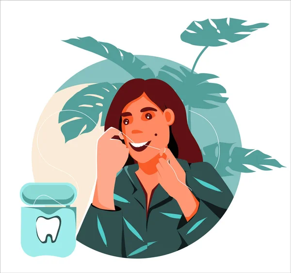 Rapariga Escova Dentes Com Fio Dental Ilustração Processo Instrução Dentária — Vetor de Stock