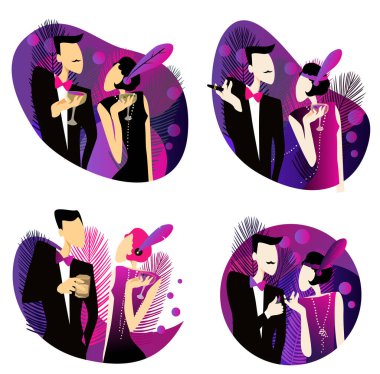 set of illustrations based on the roaring twenties style. Couple at a party in the style of the early 20th century. clipart