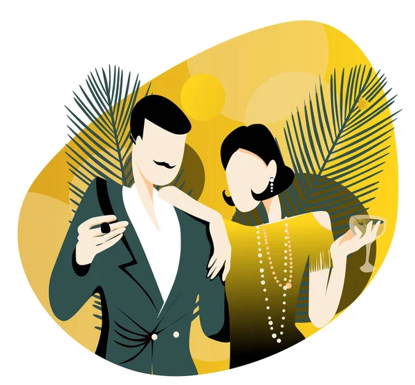 Couple at a party in the style of the early 20th century. Handmade drawing vector illustration. The Great Gatsby. — Vetor de Stock