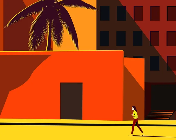 Una mujer solitaria con una máscara médica camina por una ciudad vacía llena de calor. ilustración vectorial en colores brillantes — Vector de stock