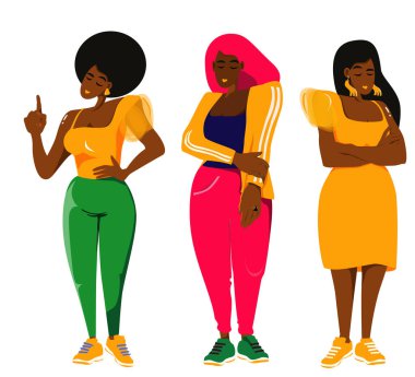 Set of vector illustrations of beautiful black women of large sizes in different outfits. Set of poses and looks clipart