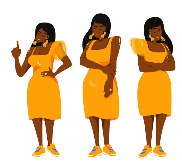 Conjunto de ilustrações vetoriais de belas mulheres negras de grandes tamanhos em um vestido de dama de honra amarela e tênis. Conjunto de poses —  Vetores de Stock