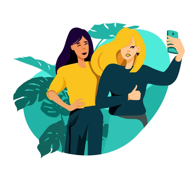 Desenho animado com duas meninas meninas tomando uma selfie, amigos. Desenho de caracteres ilustração vetorial. — Vetor de Stock
