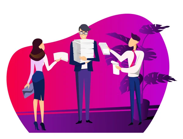 En grupp kontorsarbetare tar eller ger tillbaka papper från chefen, en del av konceptet för att dela upp uppgifter. Vektor illustration med lila och rosa bakgrund. — Stock vektor