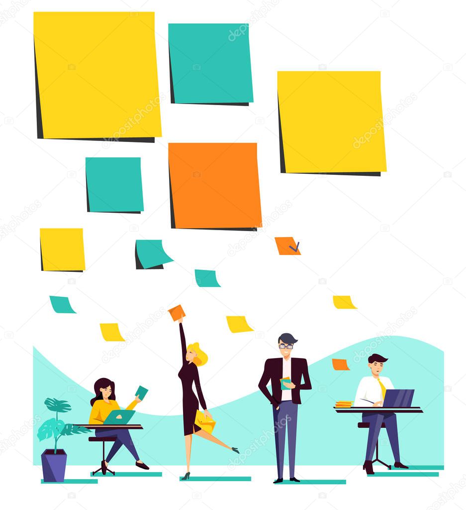 Colored stickers for tasks from large to small ones are disassembled by office employees. The concept of sharding and delegating tasks. Vector illustration.