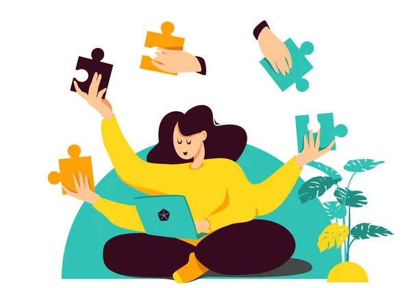 Woman works on a computer and solves other problems, hands over pieces of a puzzle to other hands - delegation of tasks, teamwork, a team project. — Stock Vector