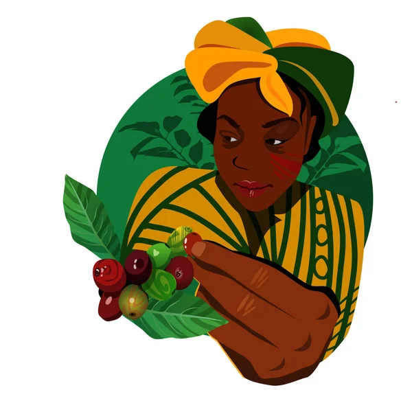 Une Africaine récolte le café d'une branche. Cafetière. Un beau turban jaune et une robe rayée. Illustration vectorielle design plat. — Image vectorielle