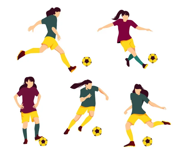 Set of girls playing football, kicking the ball. Flat vector illustration of girl team playing soccer or football isolated on a white background. — Stockvektor