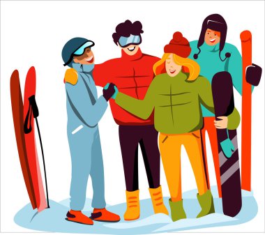 Neşeli kayakçılar ve snowboardculardan oluşan bir şirket, kahkahalar neşeli aktif bir istirahattır. Vektör renk tam illüstrasyonu.